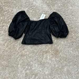 Amanda Uprichard Black Pleather Top with Puff Sleeves